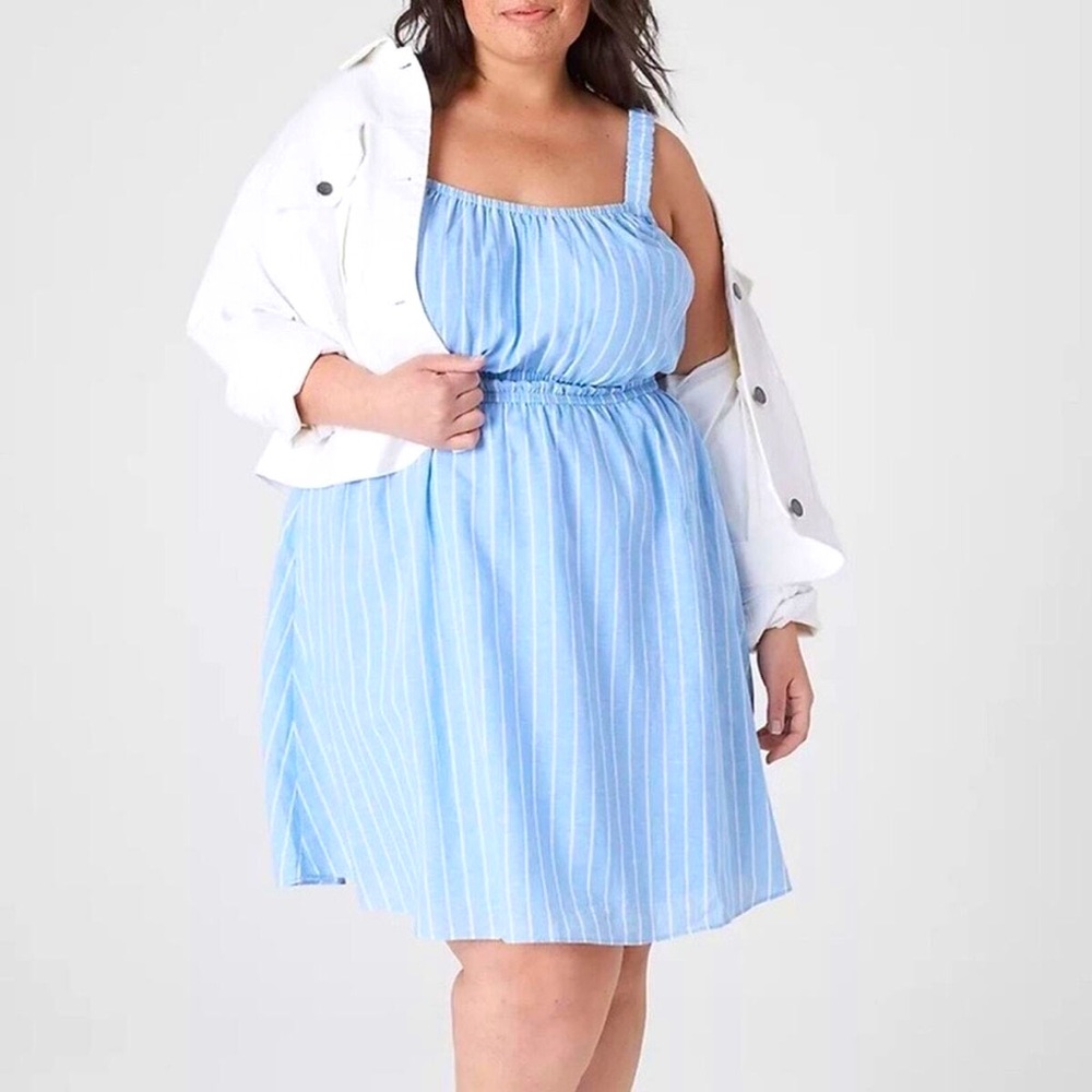 Lane Bryant Blue Striped Linen Blend Midi Dress, Size 16